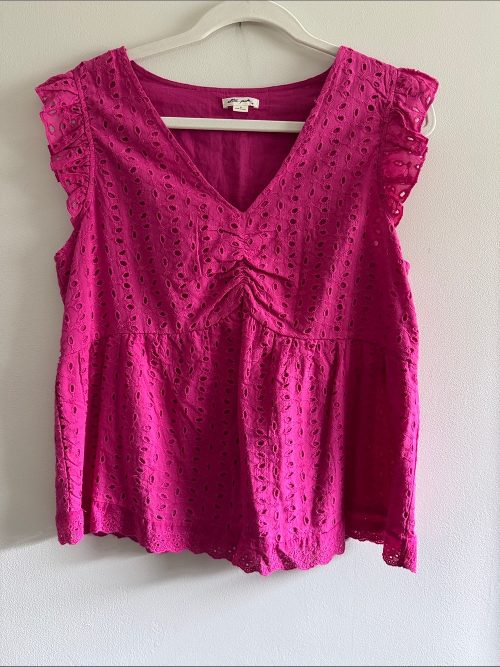 Ultra Pink Eyelet V-Neck Ruffle Sleeve Top in Hot Pink